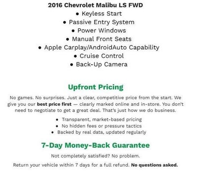 2016 Chevrolet Malibu 4DR SDN LS W/1LS **APPLE CARPLAY/ANDROID AUTO**REMOTE KEYLESS ENTRY**BACK-UP CAMERA**