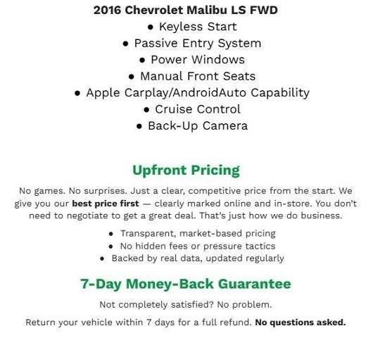 2016 Chevrolet Malibu 4DR SDN LS W/1LS **APPLE CARPLAY/ANDROID AUTO**REMOTE KEYLESS ENTRY**BACK-UP CAMERA**