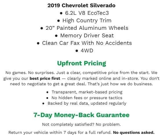 2019 Chevrolet Silverado 1500 4WD CREW CAB 147 HIGH COUNTRY **HEATED & VENTILATED FRONT SEATS**MEMORY DRIVER SEAT**UNIVERSAL HOME