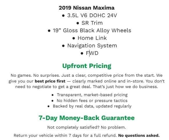 2019 Nissan Maxima SR 3.5L **NAVIGATION SYSTEM**HOME LINK**MEMORY DRIVER SEAT**