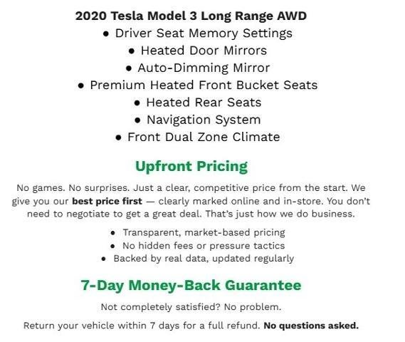 2020 Tesla Model 3 LONG RANGE AWD **HEATED FRONT SEATS**NAVIGATION SYSTEM**DRIVER SEAT MEMORY**